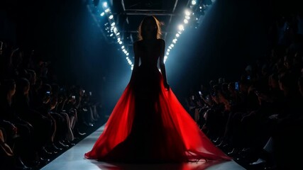 Professional model showcasing a stunning red gown captivates the audience during a high-energy fashion show, highlighting elegance and style on the runway - Powered by Adobe