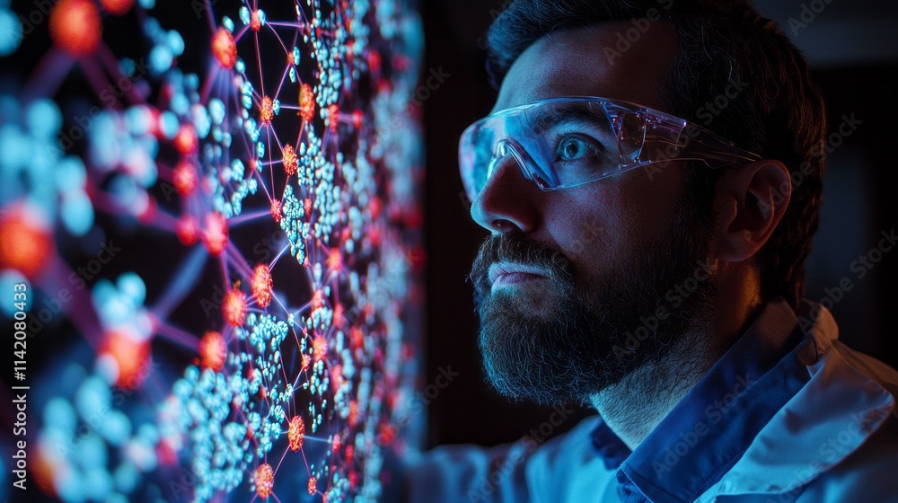 Poster A man wearing a lab coat and goggles looking at a computer screen