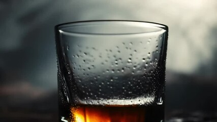 Whiskey glass in a misty, fogged-up state, surrounded by shadows for a dramatic, moody feel
