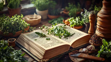 An Old-fashioned Cookbook Opened to a Page Filled with Delicious Herb-based Recipes in a Rustic Kitchen Setting