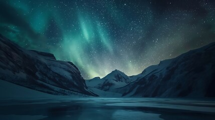 A majestic aurora borealis dancing across a dark night sky above a snowy landscape, creating a surreal and breathtaking natural phenomenon.