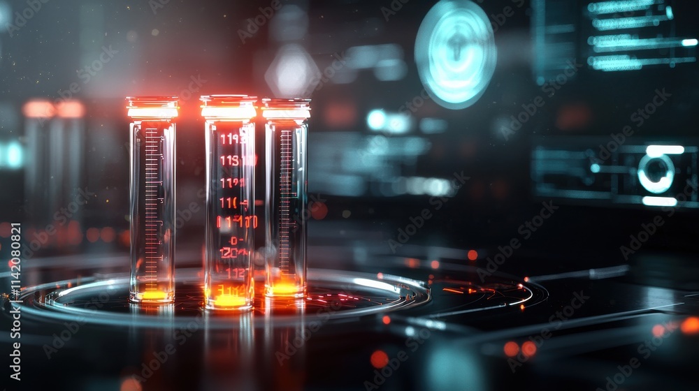 Poster futuristic laboratory experimentation sci-fi setting glowing test tubes high-tech environment close-