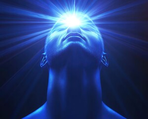 Fototapeta premium Ethereal blue light radiating from a neck, symbolizing calmness and inner peace