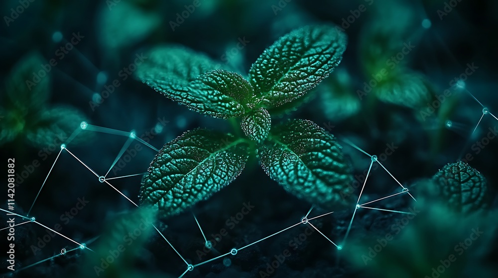 Poster close-up image of lush green leaves with abstract digital elements representing technology and natur