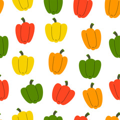 Seamless pattern of colourful bell peppers on white background. Simple vector design for textiles, wallpapers, and prints.