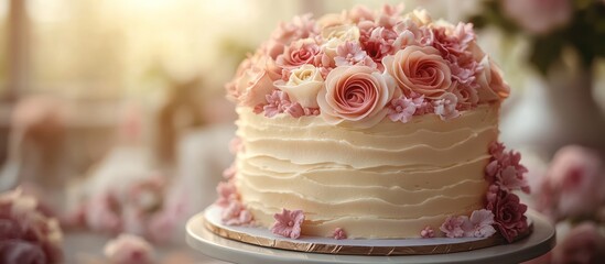 Elegant wedding cake decorated with pink roses and frosting.