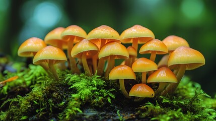 Fototapeta premium Cluster Of Orange Mushrooms Growing On Moss