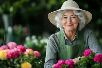 Happy elderly woman gardening in her backyard. Generative AI