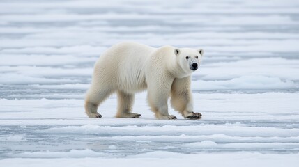 Polar bear walking on a frozen Arctic ocean.