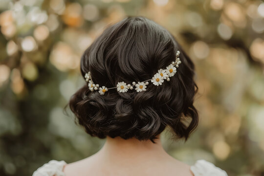 modern bridal look featuring a delicate chamomile  floral hair accessory in a sophisticated short black bob hairstyle, ideal for contemporary brides