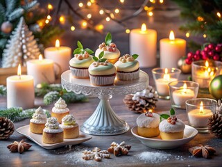 Naklejka premium Panoramic view: miniature Christmas cakes, silver-dusted, elegantly displayed on a glass pedestal, bathed in candlelight.