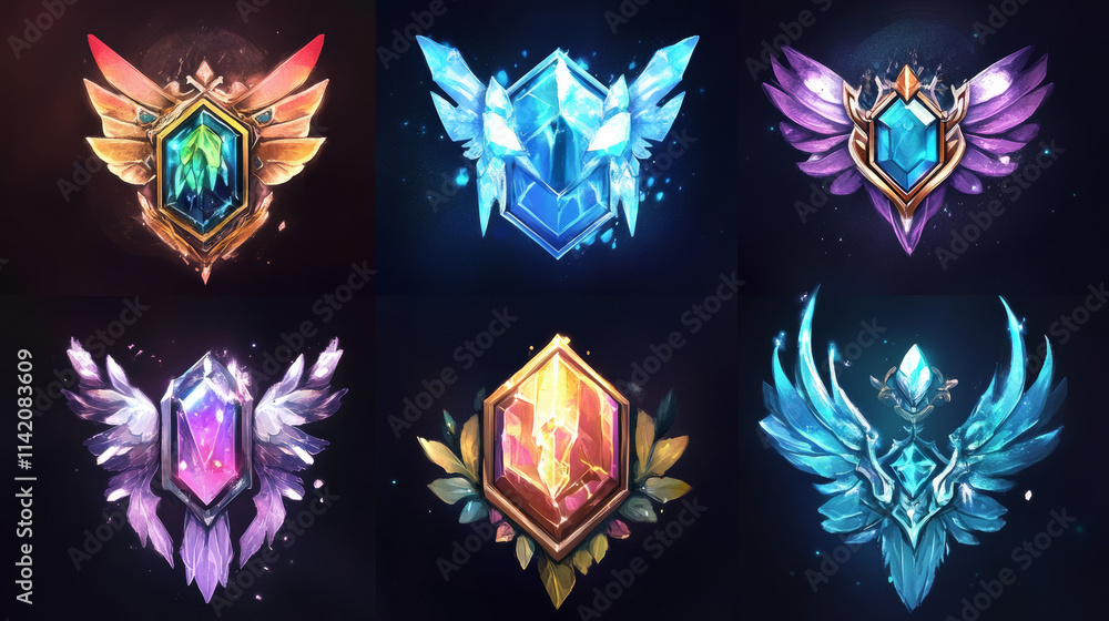 Poster game ice badges with level number. achievement rank emblems, frozen hexagon label of game level with