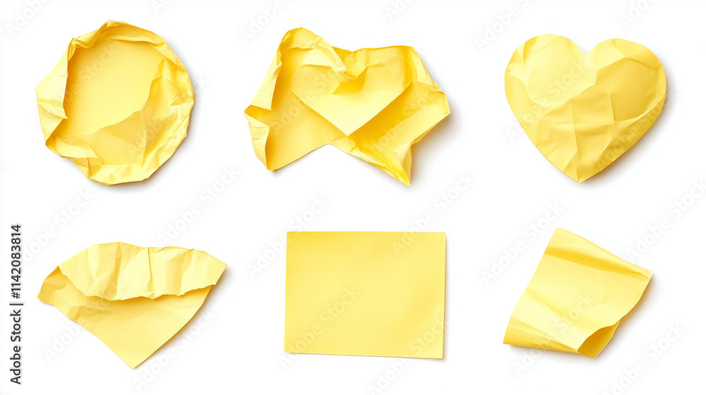 Poster yellow paper stickers, crumpled sticky notes. vector realistic set of empty glued labels with curl c