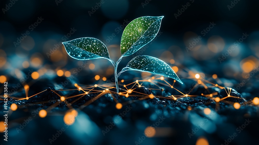 Poster digital plant growth concept with futuristic sparkles and connection network on dark background