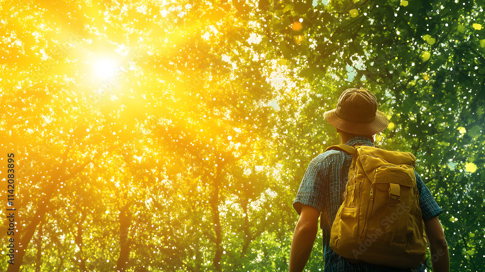Poster a person stands in a lush forest, bathed in golden sunlight filtering through the trees, evoking a s