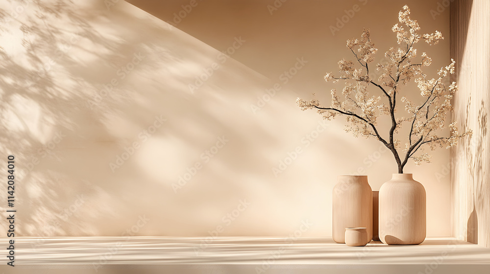 Poster a serene interior scene featuring minimalist vases and a flowering branch, bathed in soft light and 