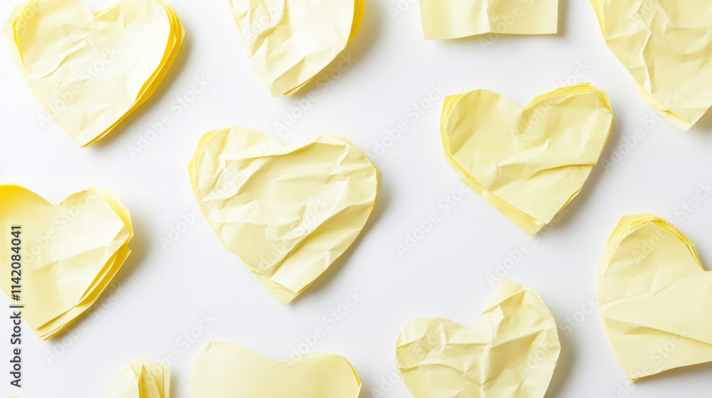 Poster yellow paper stickers, crumpled sticky notes. vector realistic set of empty glued labels with curl c