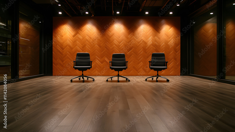 Poster a modern interior featuring three sleek chairs against a warm-toned wall, illuminated by soft lighti