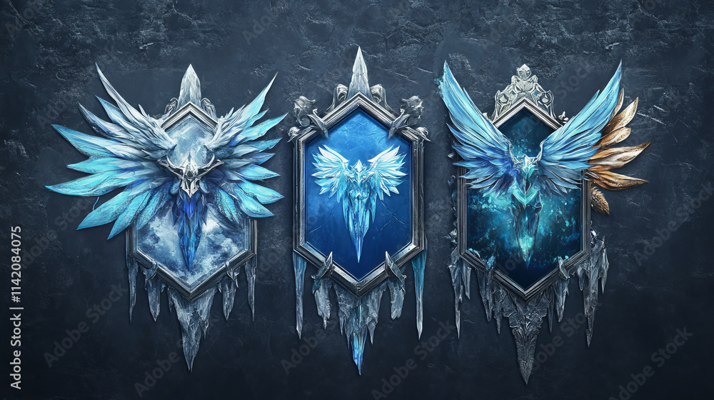 Poster game ice badges with level number. achievement rank emblems, frozen hexagon label of game level with