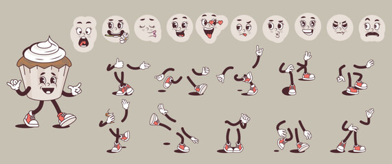 Cupcake cartoon character with groovy comic faces set. Funny cake mascot with bundle of happy, smile, sad, angry, love, like and other facial emotions, legs poses, hands gestures. Vector illustration.