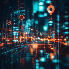 Fototapeta premium Vibrant nighttime cityscape showcasing bright lights and digital elements