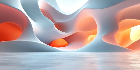 Fototapeta premium Abstract orange and white 3D rendered interior design with smooth flowing curves and illuminated recesses.
