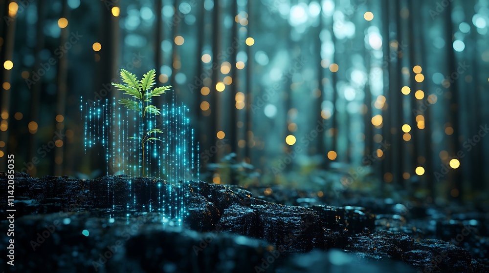 Aufkleber digital representation of a small seedling emerging in a mystical forest with sparkling lights