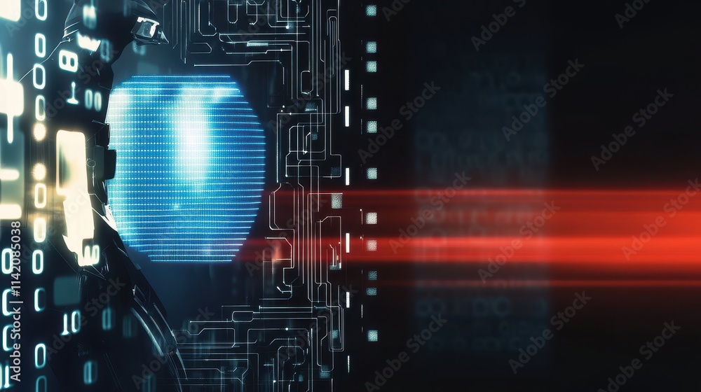 Poster a futuristic digital interface with glowing elements, featuring a blue circular display and red ligh