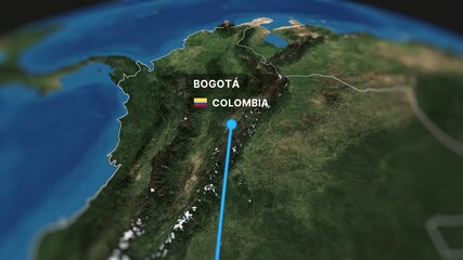 Animated map showcasing a flight route from Lima to Bogotá. Perfect for travel videos, tourism promotions, and corporate presentations.