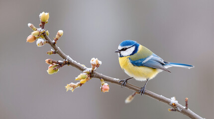 Fototapeta premium Blue Tit Perched on Branch with Snow Dusting – Nature Photograph Capturing Winter to Spring Transition