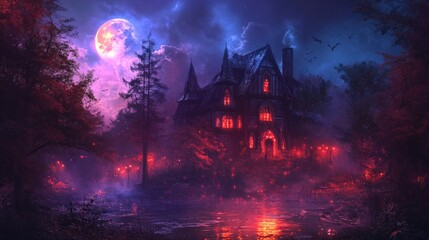 Obraz premium Haunted Mansion on a Moonlit Night