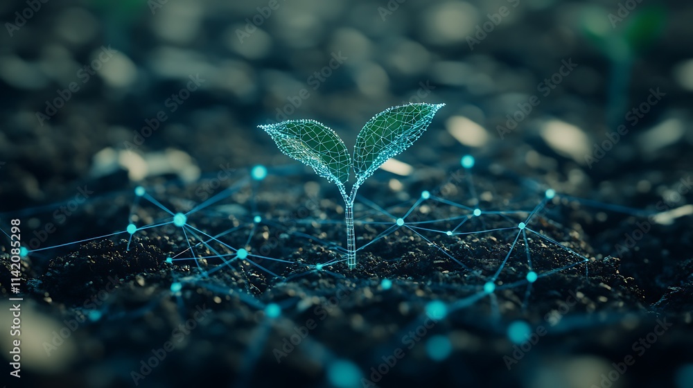 Aufkleber digital representation of plant growth with sparkling leaves and data network connection concept