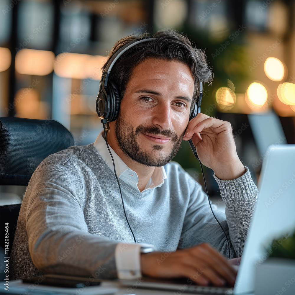 Poster a man is sitting at his desk in an office, wearing headset while working on a laptop computer.