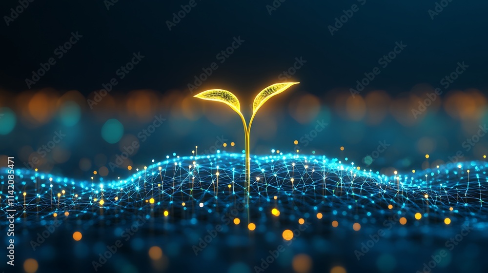 Poster digital seedling growing from data points in a vibrant tech-inspired landscape of light and color