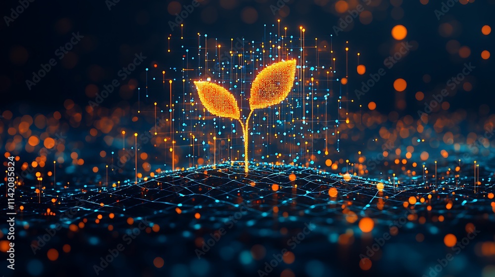 Poster digital sprout over data network with glowing particles representing growth and innovation in techno