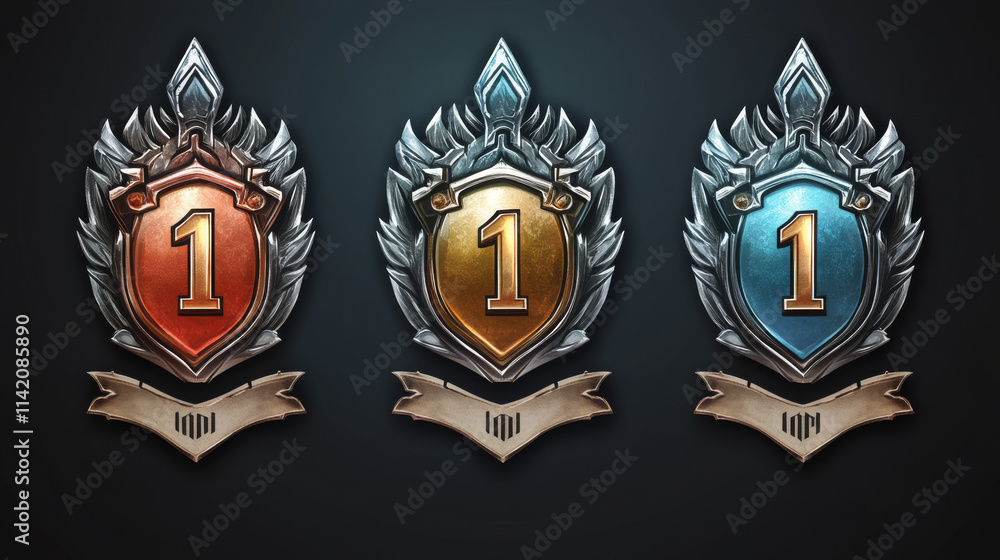 Poster vector game icon set with level up badge. isolated achievement emblem with blue ribbon. 1st rank lab