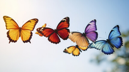 Obraz premium Colorful butterflies flying in bright sky, showcasing nature beauty