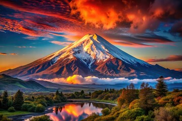 Fototapeta premium Patagonian sunrise paints Lanín Volcano in a breathtaking double exposure.