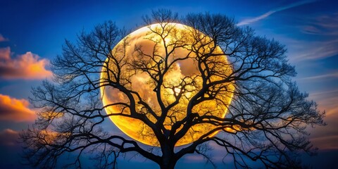 Majestic Moonlit Branches: Aerial Night View of Winter Tree and Bright Moon