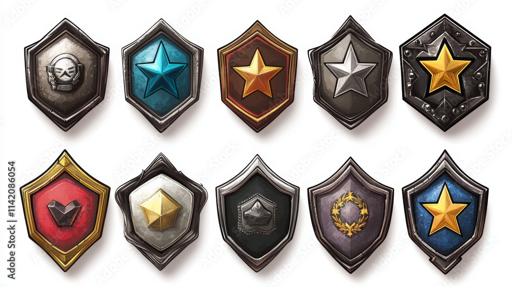 Poster vector game icon set with level up badge. isolated achievement emblem with blue ribbon. 1st rank lab