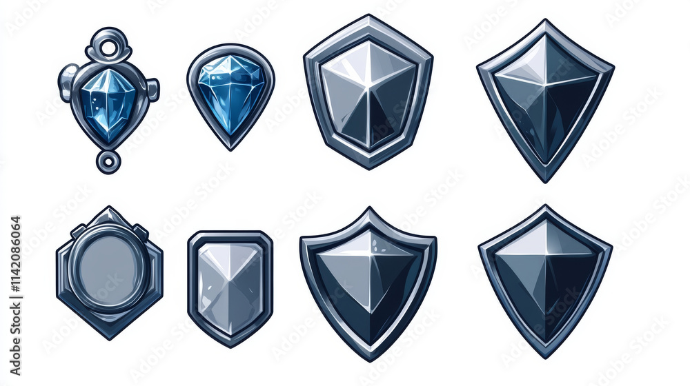 Poster vector game icon set with level up badge. isolated achievement emblem with blue ribbon. 1st rank lab