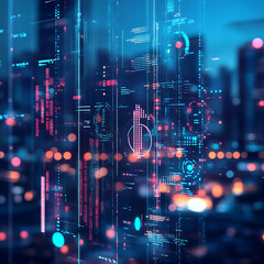 Obraz premium Digital cityscape with futuristic neon lights illuminating urban skyline at dusk
