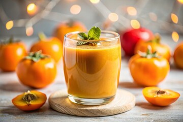 Fototapeta premium Persimmon Smoothie Recipe: Vibrant Orange Drink Photography, Rule of Thirds Composition