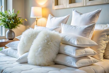 Pillow Mockup: Stacked White Pillows on Bed - Medium Shot Design Template