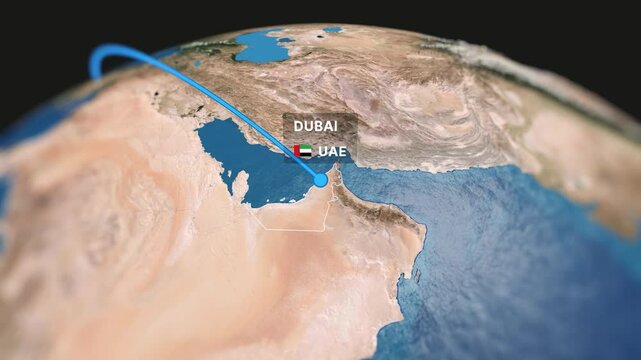 Dynamic animated map showcasing a flight route from London to Dubai. Ideal for travel videos, tourism content, and corporate presentations.