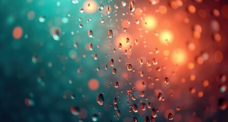  Glimmering raindrops on a window, reflecting light in the rejuvenating spring atmosphere. The delicate balance of teal and coral tones creates a refreshing image.