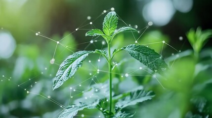 Fresh Green Mint Plant with Technological Overlay Representing Innovation in Agriculture and Sustainability