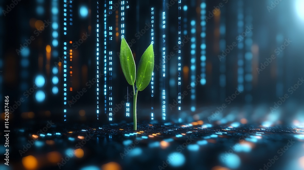 Aufkleber fresh green plant emerging from digital binary background representing technology and nature harmony
