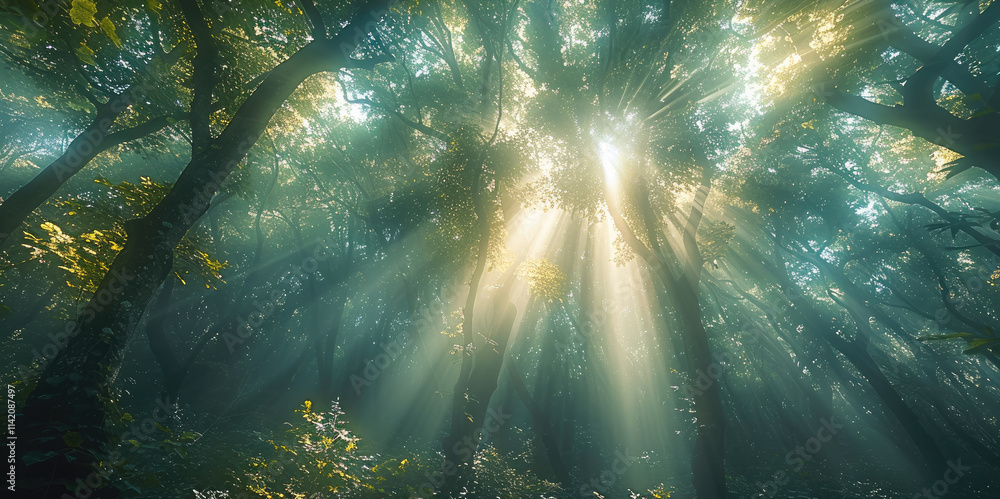 Poster A dense forest with sunlight filtering through the trees, creating an enchanting.