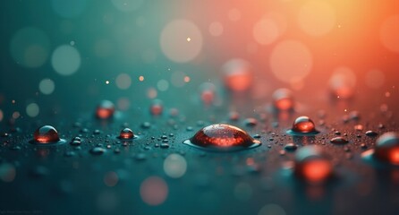  Glimmering raindrops on a window, reflecting light in the rejuvenating spring atmosphere. The delicate balance of teal and coral tones creates a refreshing image.
